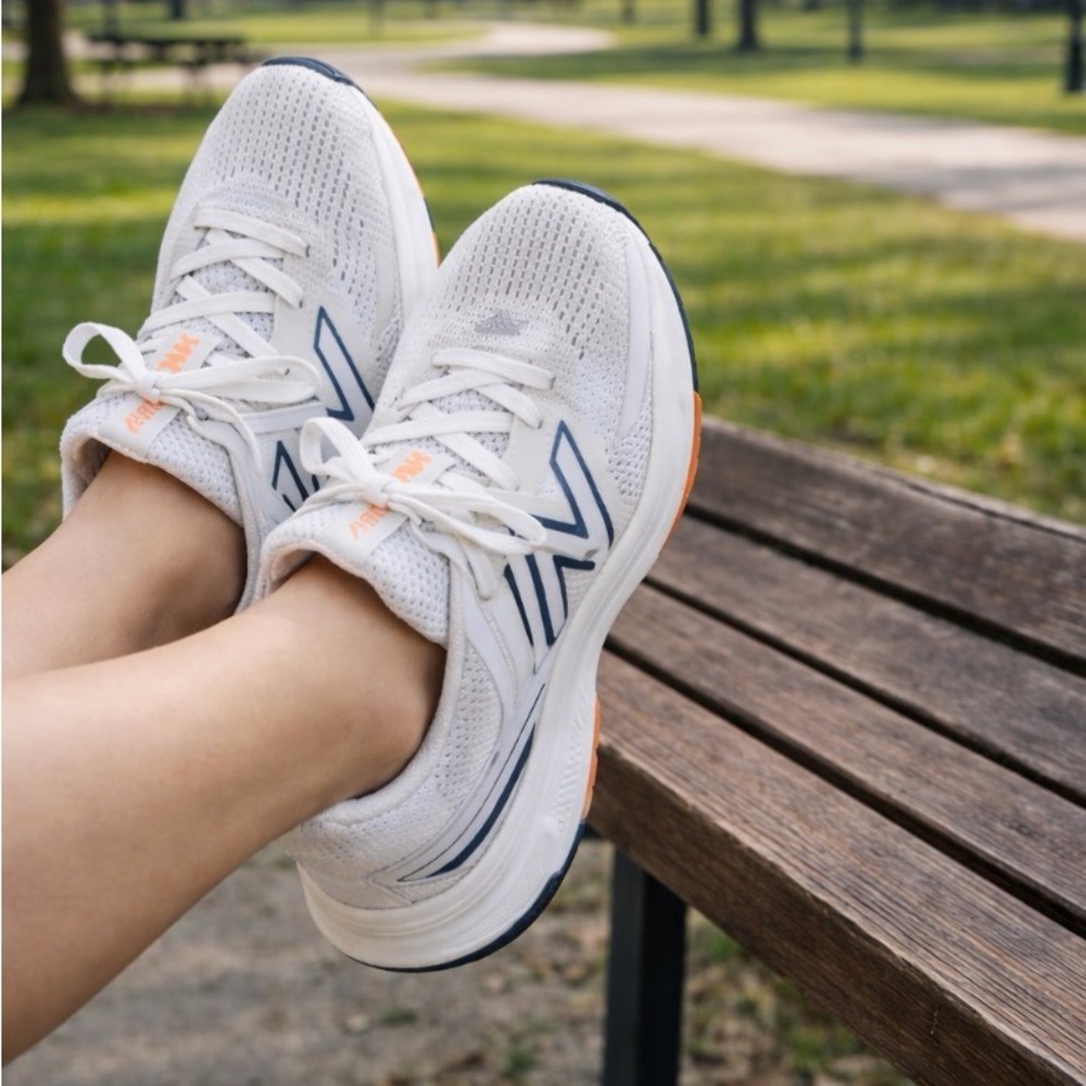 New Balance White Sneakers with Navy and Peach Accents